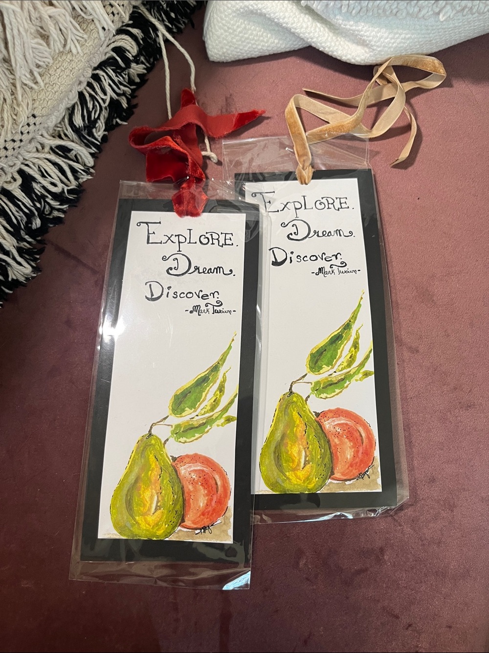 Original Art Watercolor Explore Dream Discover Fruit Bookmark Pair w/ Ribbon